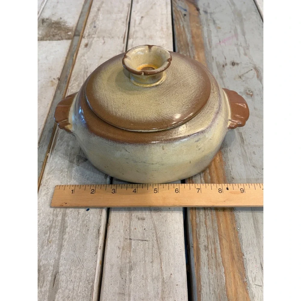 Vintage Studio Pottery Lidded Bean Pot Casserole Dish Brown Tan FRANKOMA